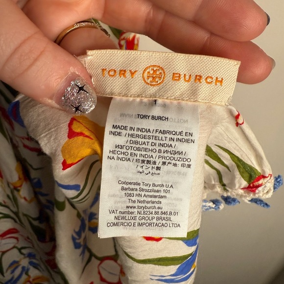 Tory Burch Women's White Red Yellow Silk Blend Floral Embellished Tassel Scarf - Picture 5 of 5